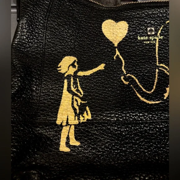 Kate Spade Black Leather Bag with Custom Girl & Elephant Graphic - Picture 3 of 4
